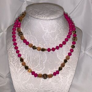 Glass bead necklace in pink, gold and yellow topaz colors some Aurora Borealis
